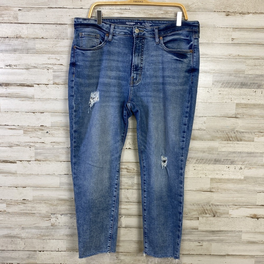 Old Navy OG Straight Women 16S Blue Denim Extra Stretch High-Rise Raw Hem